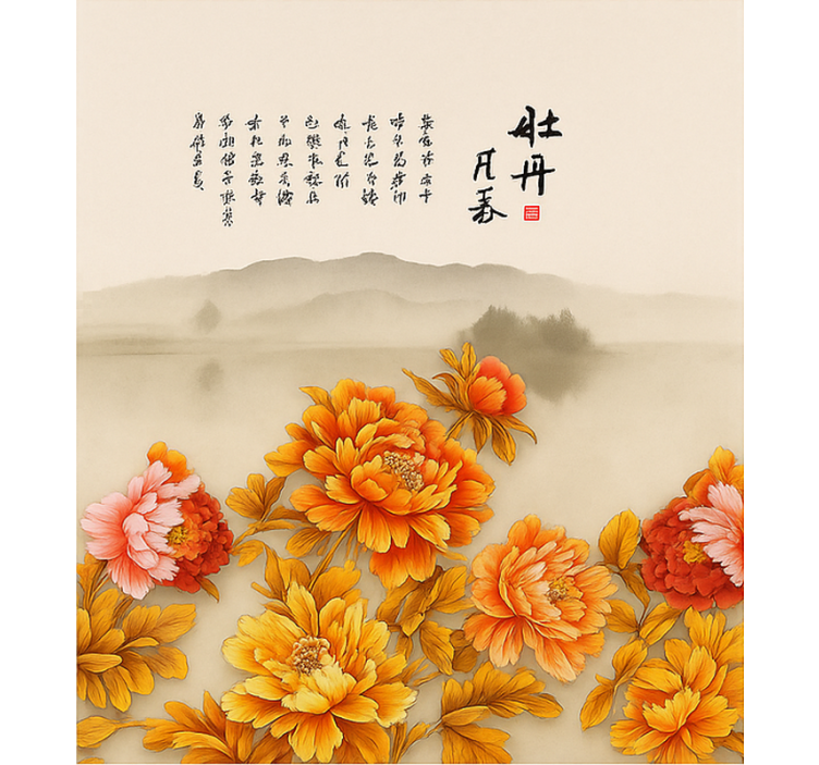 盲人客厅设计 牡丹山水画 - TenStickers