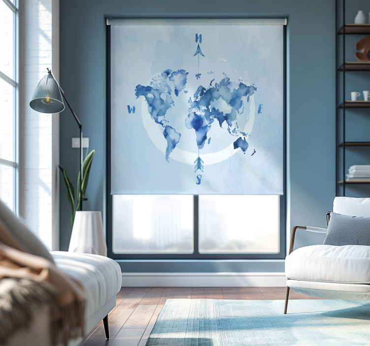 带世界地图的卷簾 水彩蓝色星图 - TenStickers