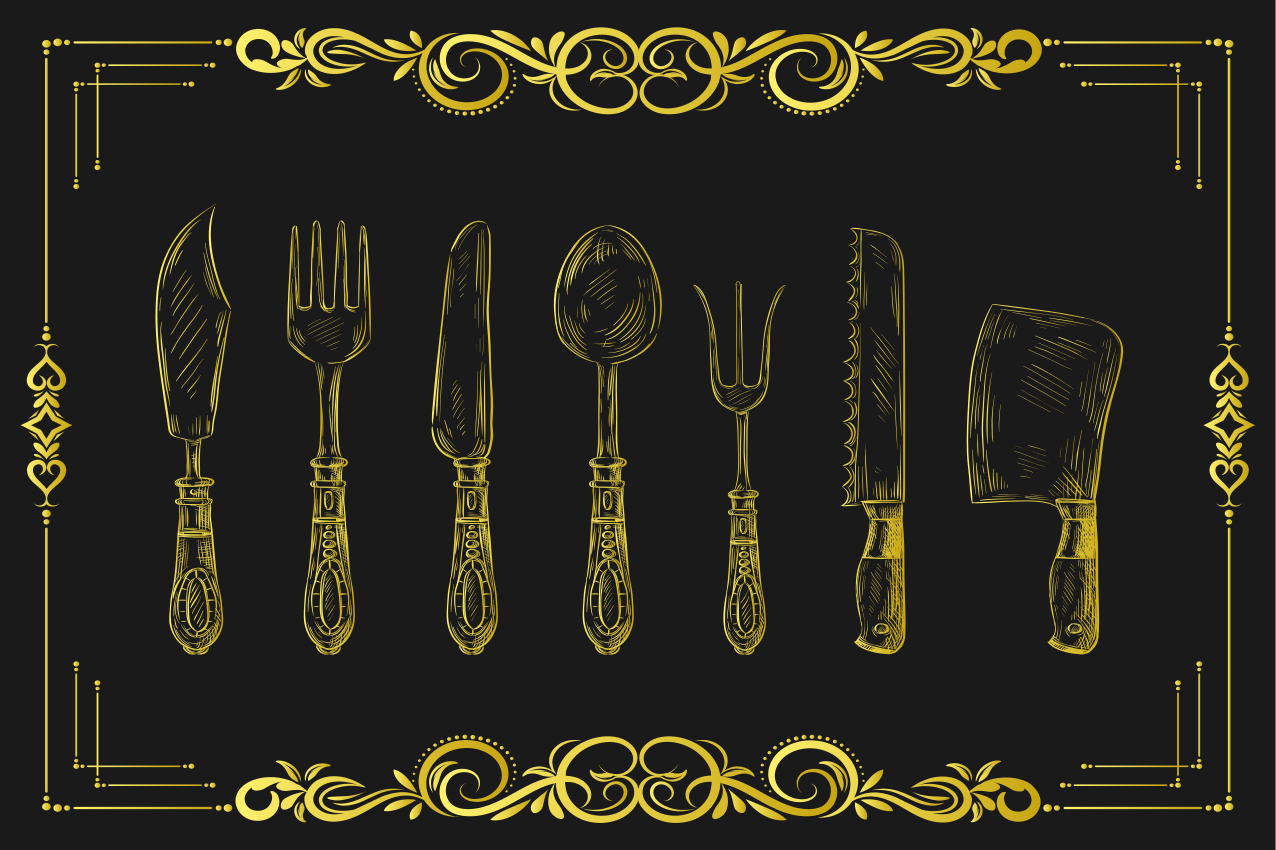 复古金色餐具黑色背景垫子 - TenStickers