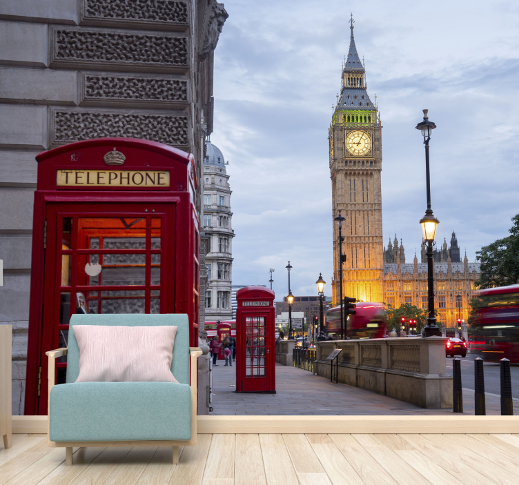 城市电话亭伦敦墙壁画 - TenStickers