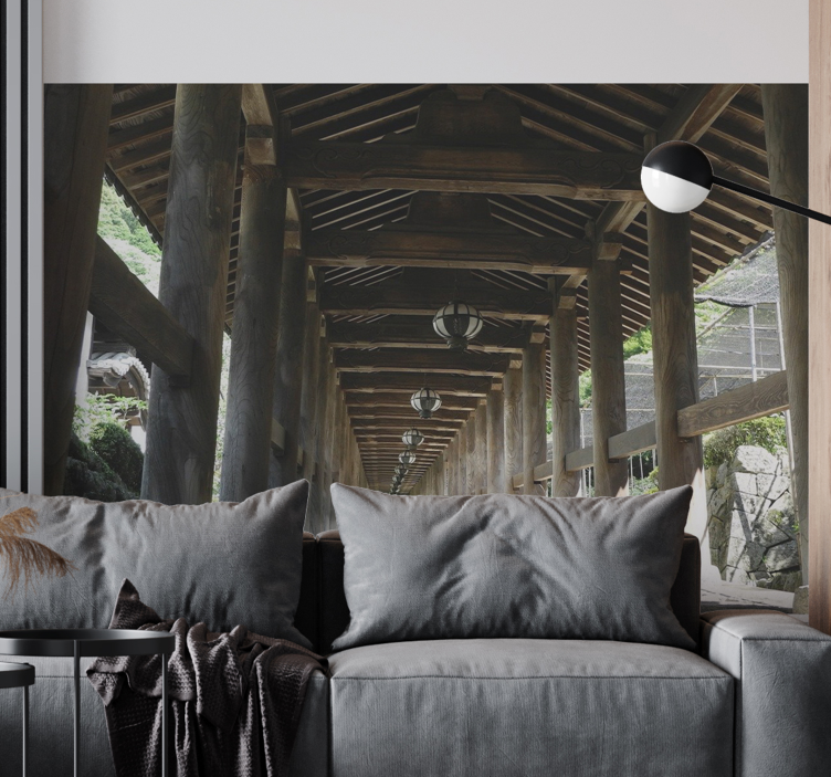 带木柱的走廊 3d 壁画 - TenStickers