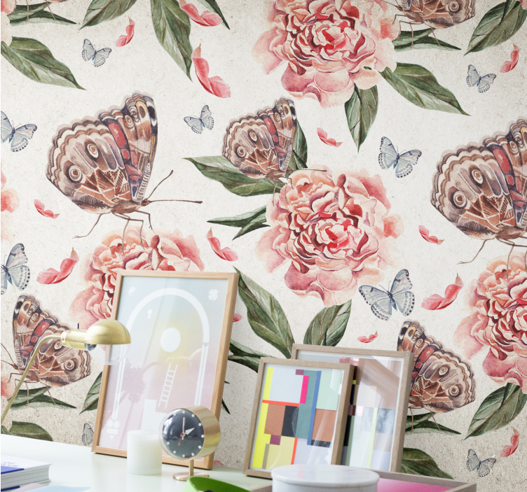 花墙壁画与蝴蝶和牡丹 - TenStickers