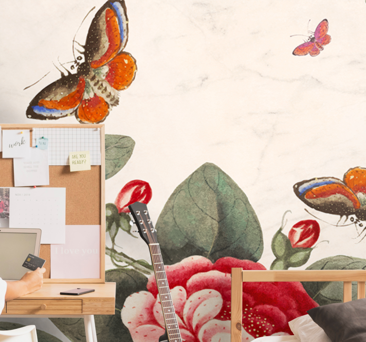 花墙壁画翩翩起舞的昆虫与花朵 - TenStickers