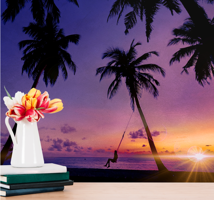 壁画质地夕阳摇曳的棕榈树 - TenStickers