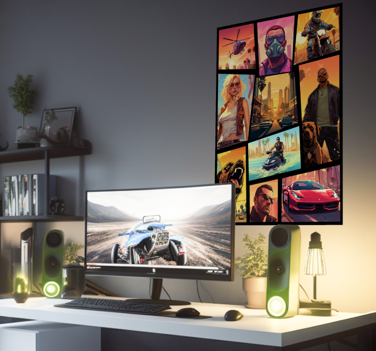 青少年卧室的宣传画 这个文字冒险和动作拼贴被翻译成中文。一位勇敢的冒险家正在探索一个神秘的山谷。他正在寻找一个传说中的宝藏。他跳过 - TenStickers