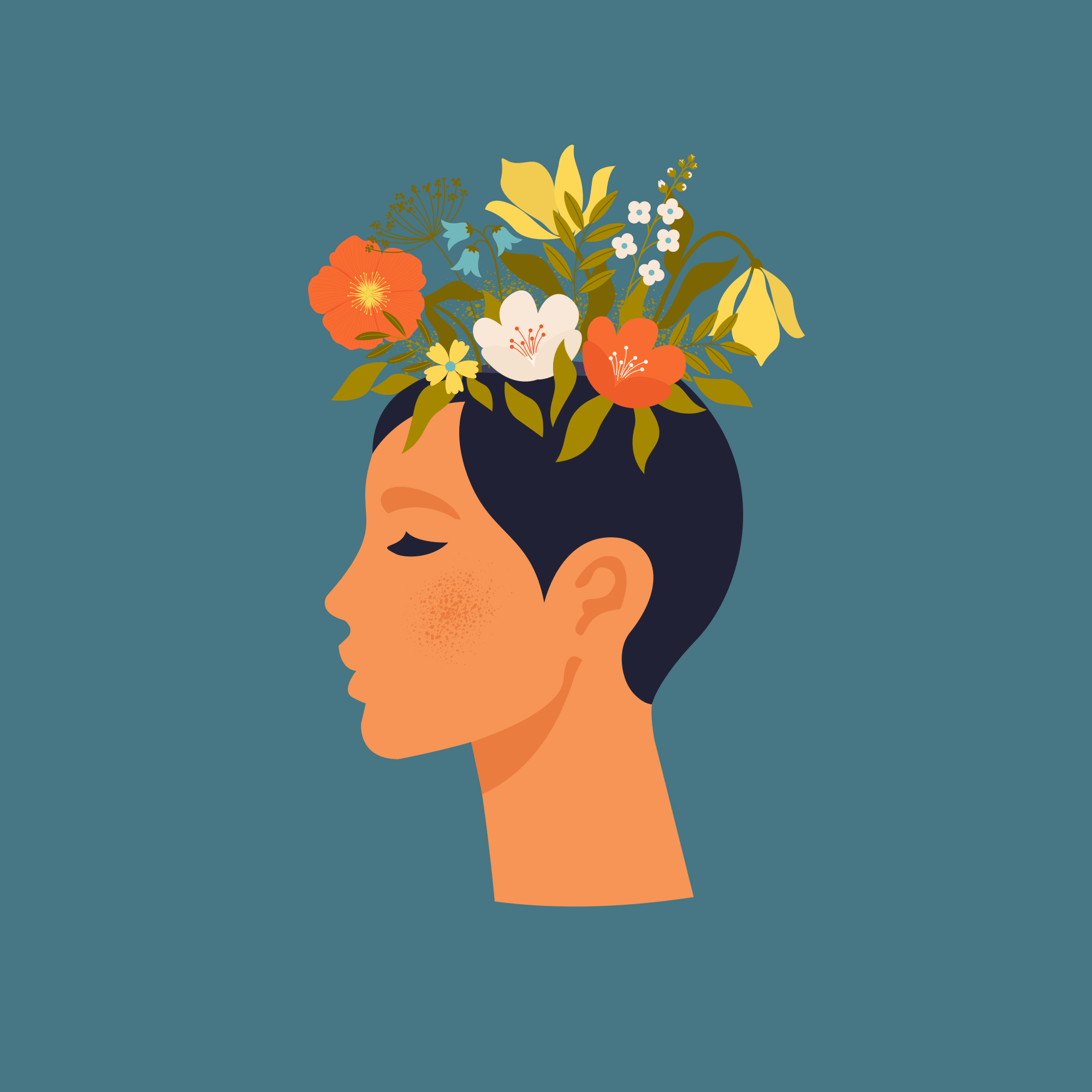 花卉宣传画抽象女性在蓝色背景上 - TenStickers