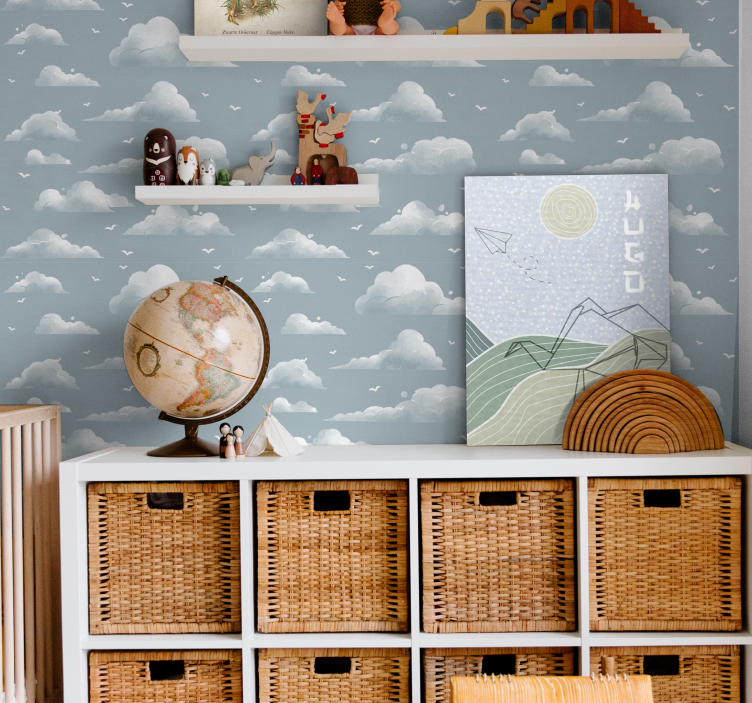 四角形孩子卧室蓝色云朵与小鸟 - TenStickers