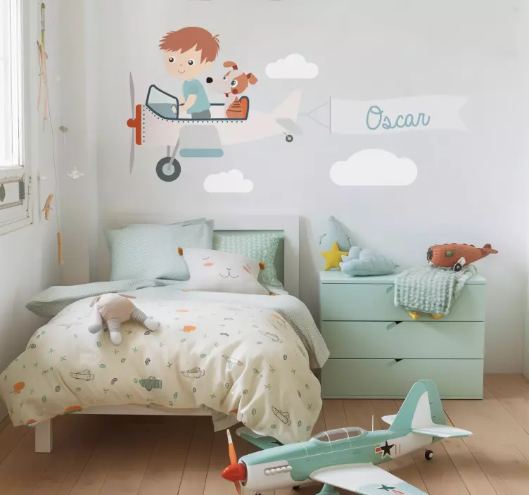 插画墙贴纸 飞机上的男孩和狗 - TenStickers