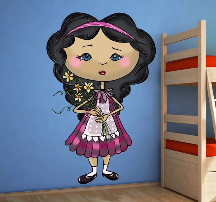 儿童墙贴纸 可爱的女孩手捧鲜花 - TenStickers