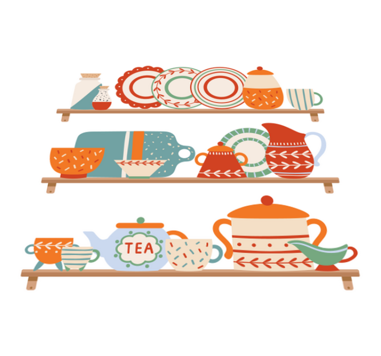 乙烯基厨房地毯与架子上的厨房餐具 - TenStickers