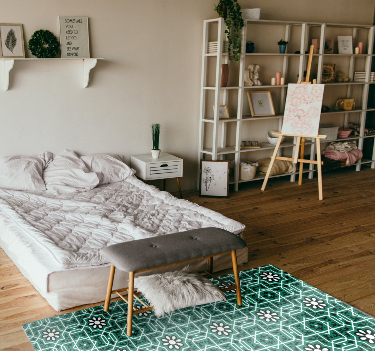 乙烯基厨房地毯 绿色花卉瓷砖 - TenStickers