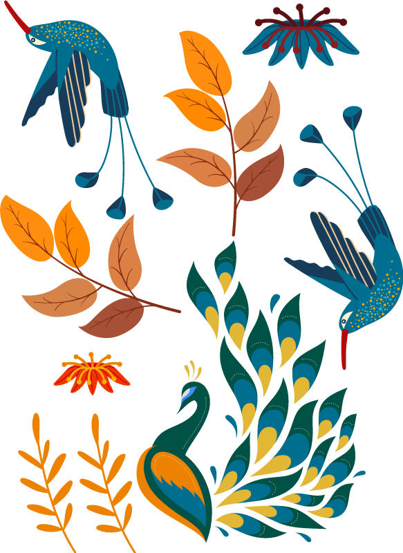 乙烯基地毯动物与腾刚风格的鸟与植物 - TenStickers