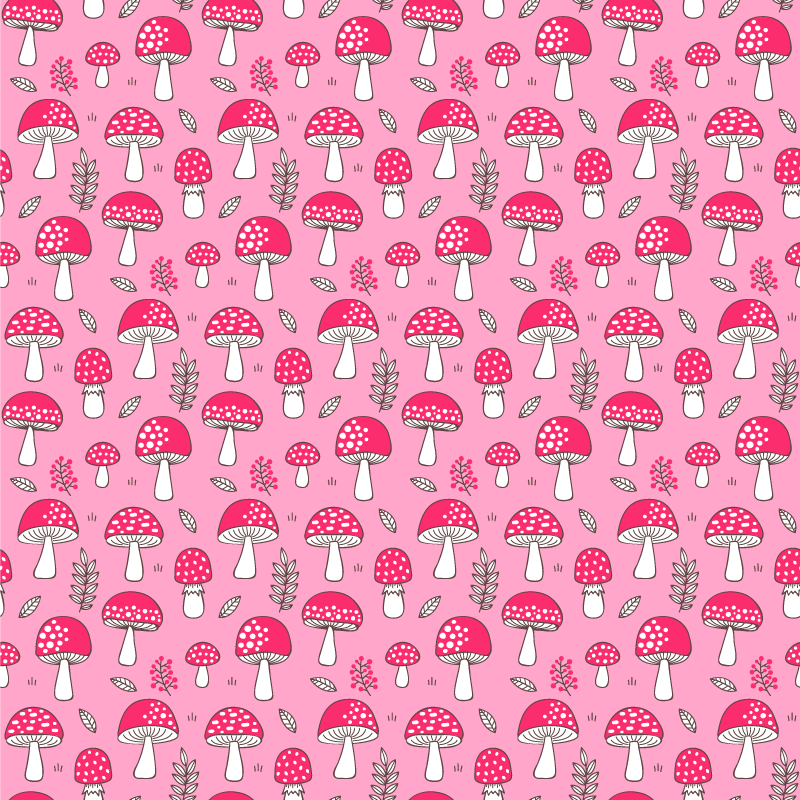 乙烯基花草地毯经典蘑菇与植物粉色背景 - TenStickers