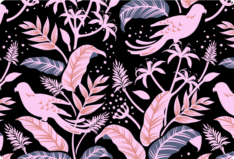 乙烯基花草地毯上有黑粉色鸟与叶子 - TenStickers