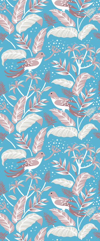 卧室乙烯基地毯，蓝色与粉色热带叶上的白色边框 - TenStickers