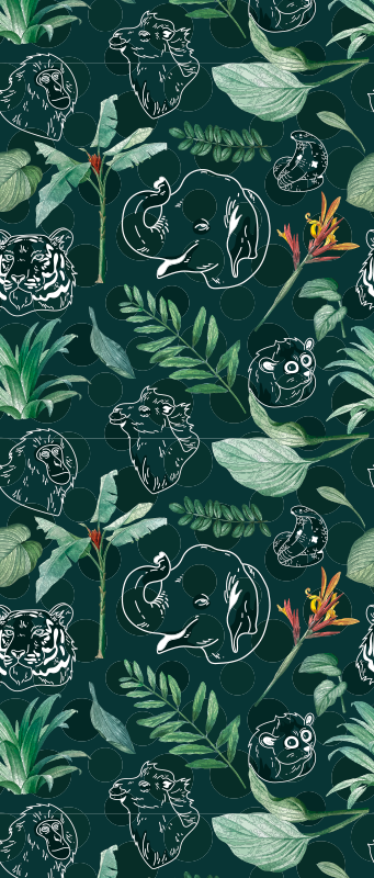 卧室乙烯基地毯，五彩斑斓的丛林动物与树木图案 - TenStickers