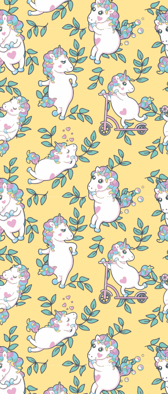 卧室乙烯基地毯可爱独角兽与绿叶图案 - TenStickers