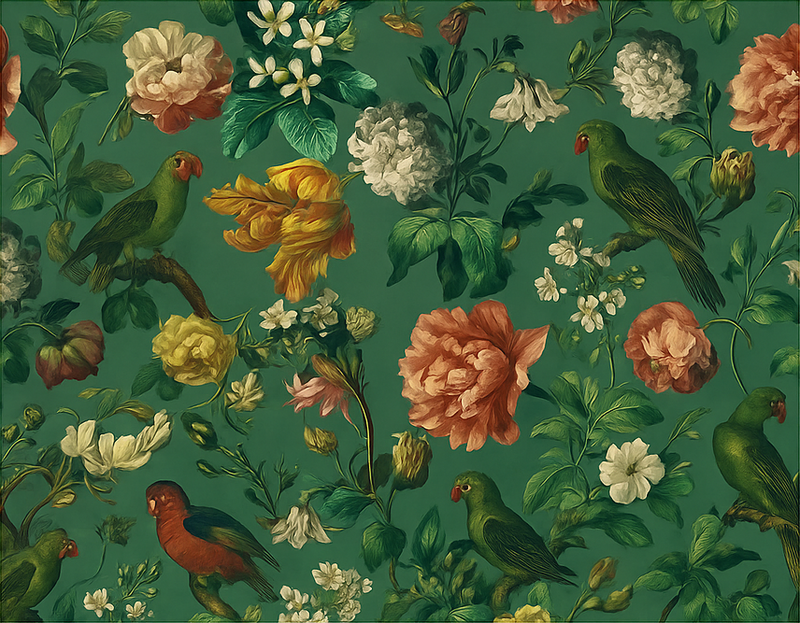 卧室乙烯基地毯深绿色花鸟设计 - TenStickers