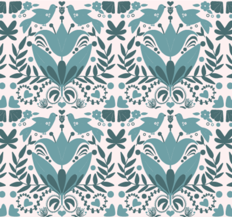 墙纸厨房蓝色民俗艺术鸟类图案 - TenStickers