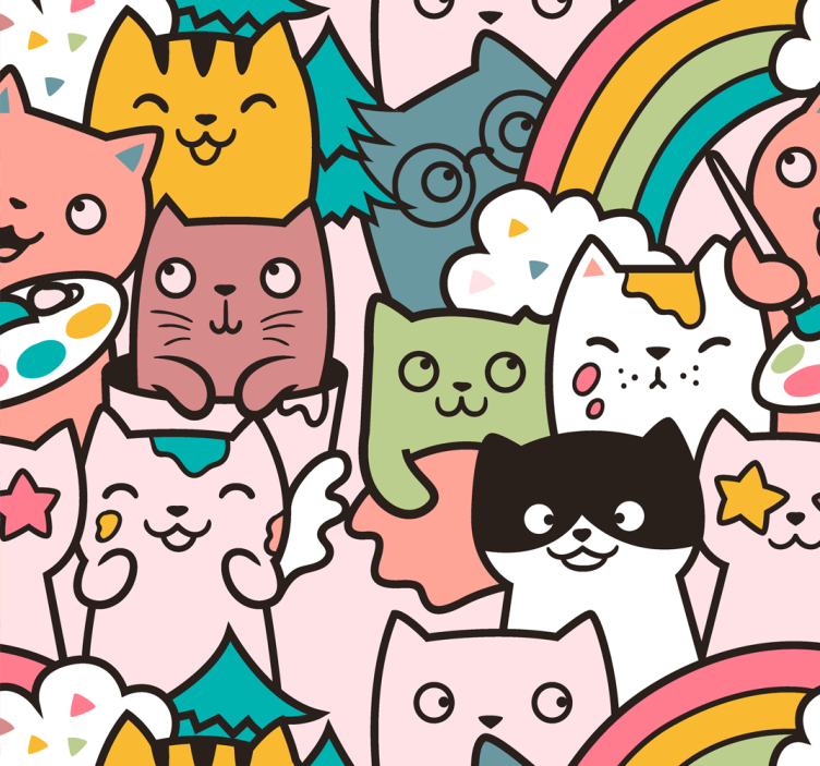 卧室墙纸装饰可爱猫咪涂鸦粉彩图案 - TenStickers