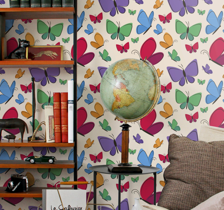 墙纸 蝴蝶壁纸 多彩图案在米色背景上 - TenStickers