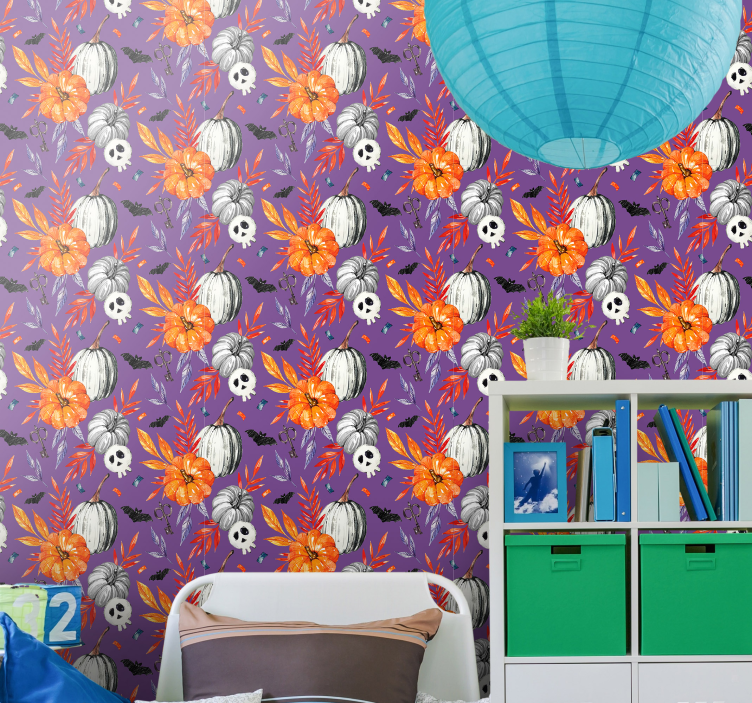 墙纸 万圣节 橙色花卉骷髅 - TenStickers