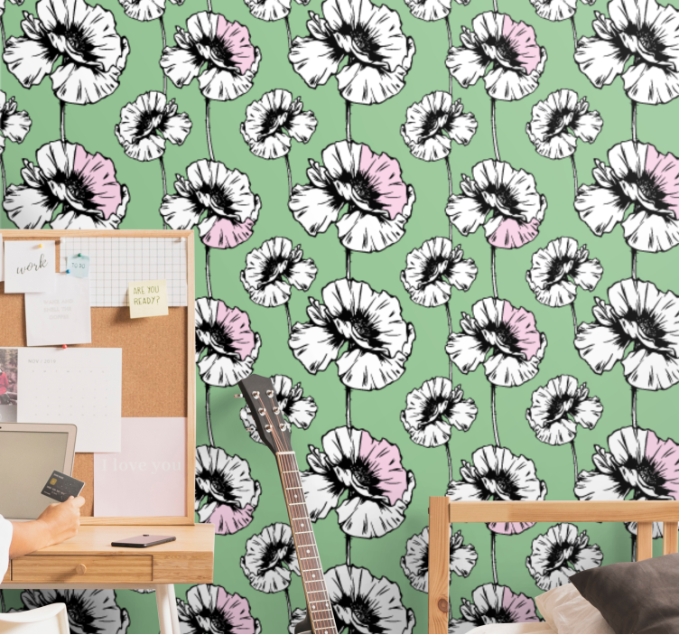 墙纸花卉粉白色罂粟花 - TenStickers