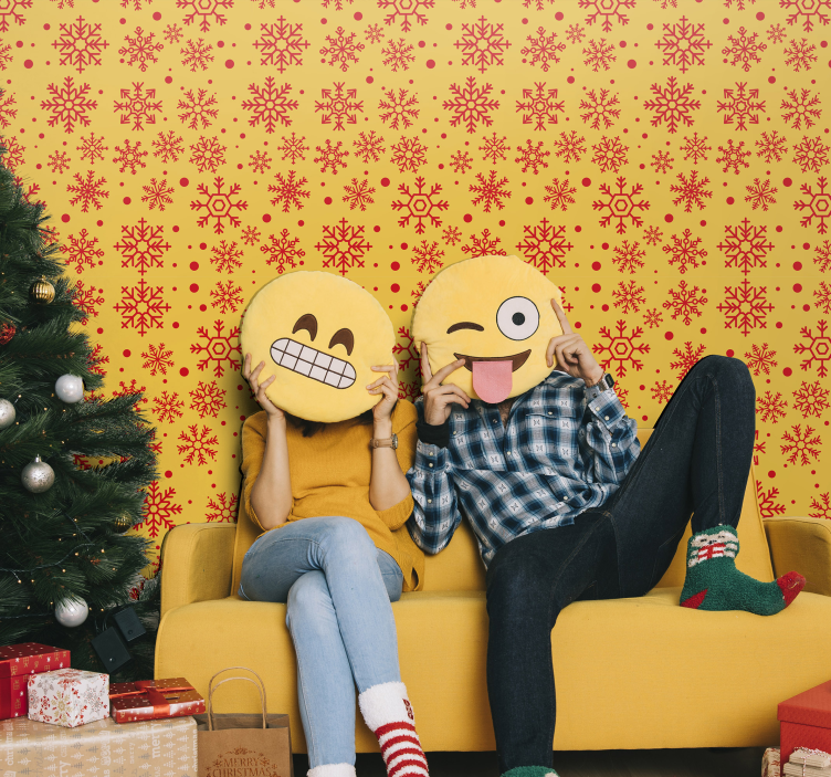 墙纸 圣诞 红色雪花在黄色背景上 - TenStickers